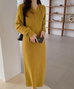 ニットワンピース | ワンピース 秋冬 リブニット ロングワンピース ミモレ丈 無地 フード付き 帽子 ストレッチ 大人 長袖 セーター 50代 20代30代 アウター 大人