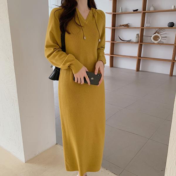 ニットワンピース | ワンピース 秋冬 リブニット ロングワンピース ミモレ丈 無地 フード付き 帽子 ストレッチ 大人 長袖 セーター 50代 20代30代 アウター 大人