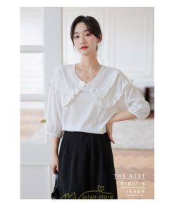 シャツ・ブラウス | トップス ブラウス 七分袖 シャツ きれいめ レディース 夏 白 赤 クルーネック フリル 春夏コーデ オフィス お仕事 通勤 就活 お出かけ ビジネス カジュアル