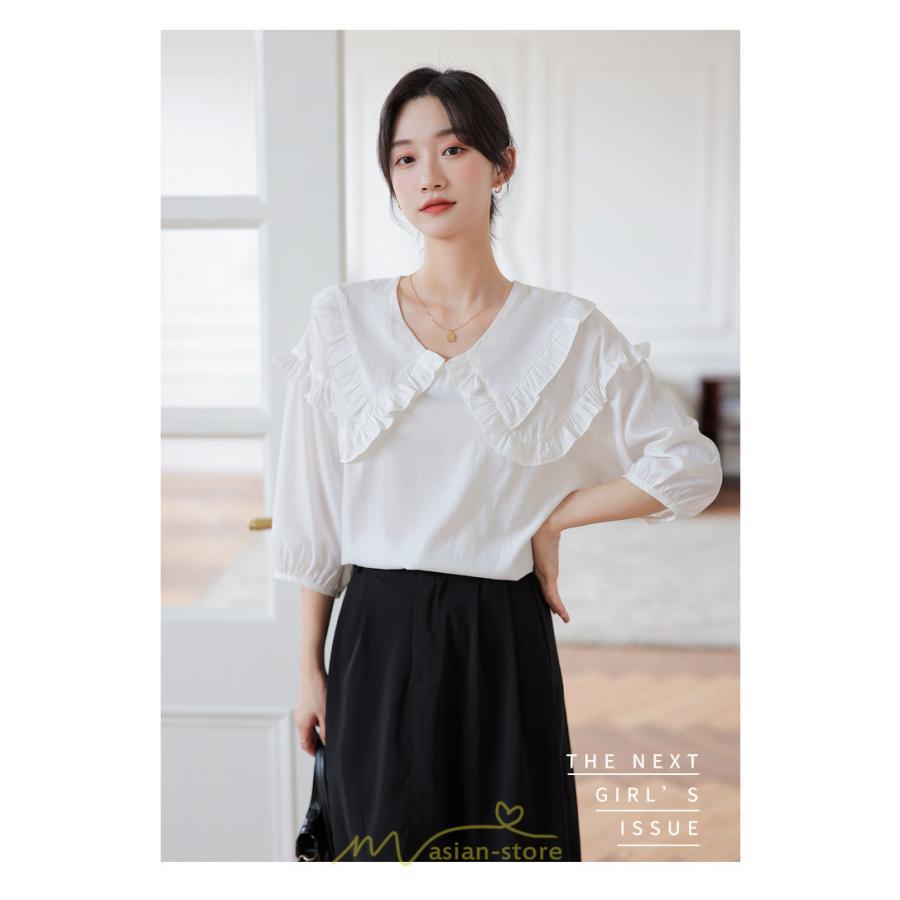 シャツ・ブラウス | トップス ブラウス 七分袖 シャツ きれいめ レディース 夏 白 赤 クルーネック フリル 春夏コーデ オフィス お仕事 通勤 就活 お出かけ ビジネス カジュアル