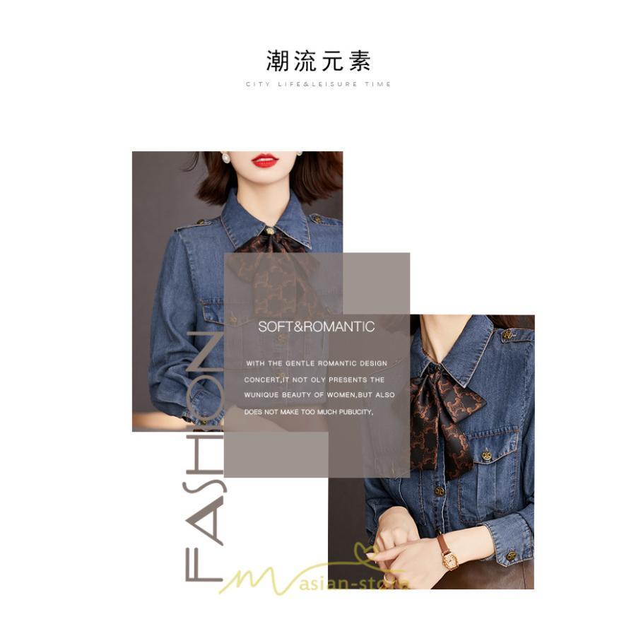 シャツ・ブラウス | デニムシャツ シャツ トップス レディース ブラウス デニム カジュアル リボン レトロ風 通勤 通学 オシャレ ナチュラル 上品 可愛い キレイめ 秋服 2022