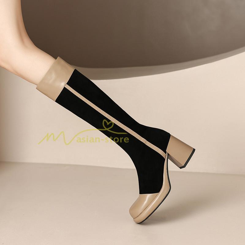 ロングブーツ | レディース ブーツ 秋冬 シューズ 靴 太ヒール チャンキーヒール 合皮ブーツ PUブーツ ロング靴 コスプレ COS くつ 大人 サイドファスナー