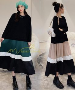 マキシ | 切り替えワンピース ドッキングワンピース 秋 レディース 裾プリーツワンピース ロングワンピース ゆったり 大きいサイズ 長袖 可愛い 秋物 大人 30代50代