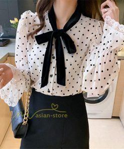 シャツ・ブラウス | ブラウス レディース 長袖ブラウス 秋服 オフィスブラウス リボンネック オシャレブラウス プリントトップス 韓国風 大人 ゆったりシャツ 通勤OL ドット柄 上品