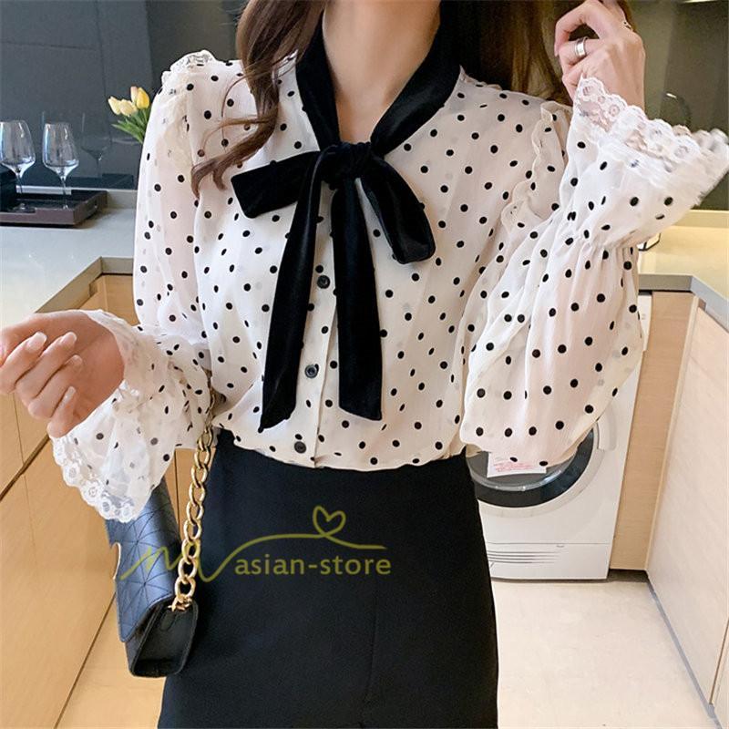 シャツ・ブラウス | ブラウス レディース 長袖ブラウス 秋服 オフィスブラウス リボンネック オシャレブラウス プリントトップス 韓国風 大人 ゆったりシャツ 通勤OL ドット柄 上品