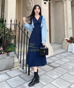 マキシ | Vネックワンピース ミモレ丈ワンピース フレア 秋 レディース 長袖ワンピ 腰着痩せ Aラインワンピース 30代40代 ドッキングワンピ エレガント 大人 通学通勤