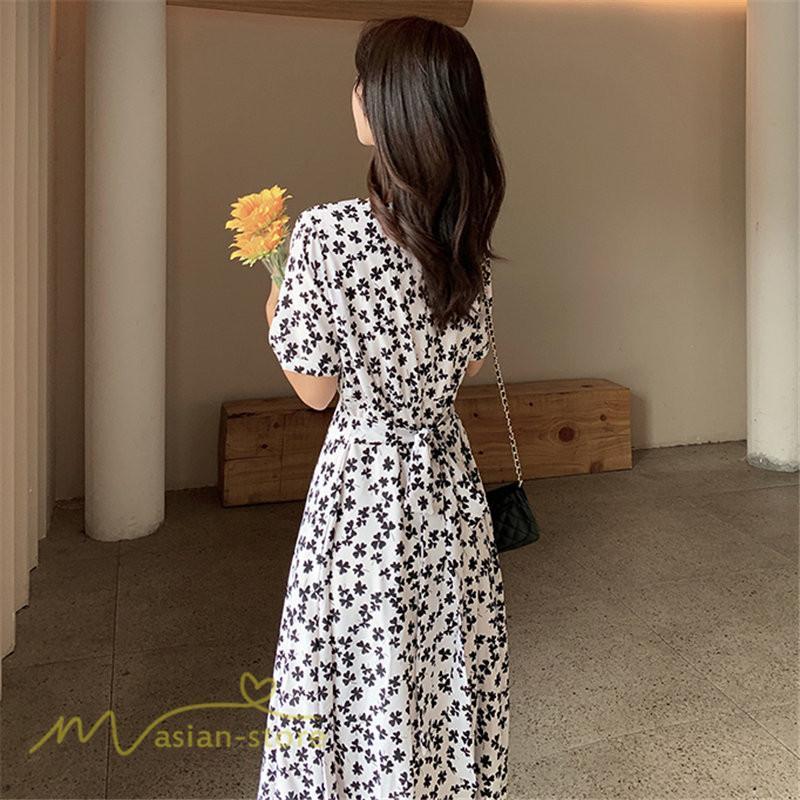 ミディアム | ワンピース レディース 着痩せ 花柄 半袖 大きいサイズ 上品 Aラインワンピース ゆったり Vネック ハイウエスト ミディアム丈 お出かけ 通勤 ひざ丈 通学