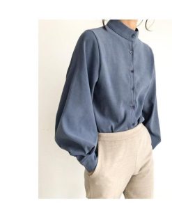 シャツ・ブラウス | シャツブラウス レディーストップス スタンドカラーブラウス 長袖ブラウス 無地シャツ バルーンスリーブ 春夏 リゾート ゆったり エレガント 通学通勤