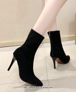 ブーツ | ハイヒール 10cmヒール 黒 レディース ポインテッドトゥ ピンヒール パンプス スエード調 可愛い おしゃれ 靴 秋 通勤 冬 美脚 高級感