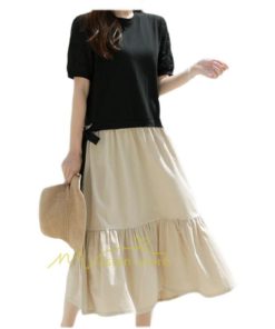 マキシ | 新作 ワンピース ロング丈 半袖 ロンTワンピース 夏ワンピ ロング丈 レイヤード風 異素材切替 ラウンドネック 体型カバー 無地 ゆったり 着痩せ 40代 50代 30代