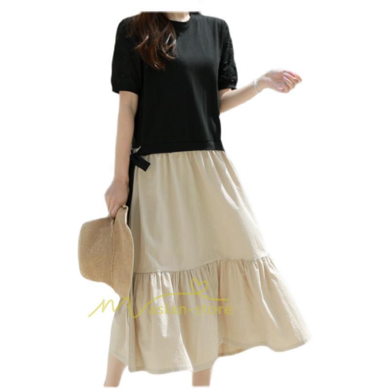 マキシ | 新作 ワンピース ロング丈 半袖 ロンTワンピース 夏ワンピ ロング丈 レイヤード風 異素材切替 ラウンドネック 体型カバー 無地 ゆったり 着痩せ 40代 50代 30代