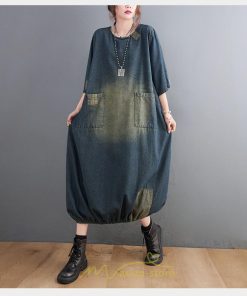 デニムワンピース | ロングワンピース レディース 長袖 ゆったり 大きいサイズ 体型カバー かわいい 藍 ロング丈 20代30代40代50代 ポケット