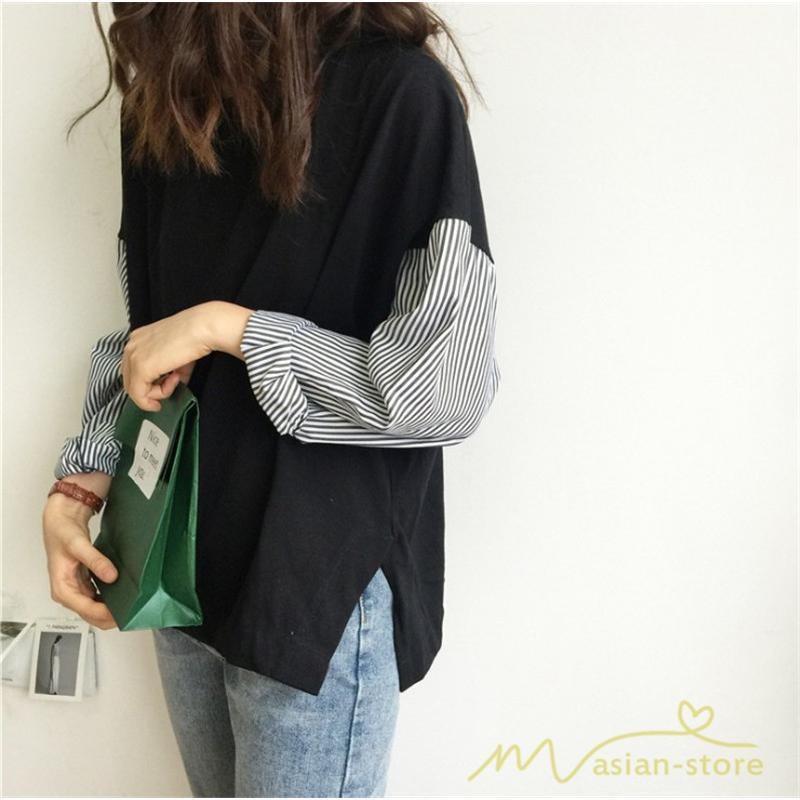 tシャツ・カットソー | Tシャツ レディース カットソー 長袖 シャツ 切り替え 可愛い スリット 体型カバー 夏服 春物 秋物 20代30代40代 トップス 黒 白 シンプル 学生 大人 女の子