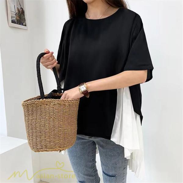 シャツ・ブラウス | ブラウス 夏服 レディース 半袖 五分袖 トップス 切り替え フェイク シフォン 涼感 通気性 無地 可愛い 女っぽい ゆったり 50代60代 大人 揺れる 30代40代