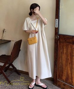 マキシ | ワンピース パフスリーブ 半袖 スクエアネック ゆったり 体型カバー ゆるワンピース フリーサイズ かわいい 無地 シンプル おしゃれ お出かけ レトロ 夏物 上品