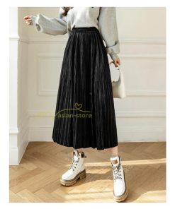 スカート | プリーツロングミモレ丈 ビロードAラインウエストゴム ハイウエスト 秋冬 無地 ゆったり 通学通勤 大人