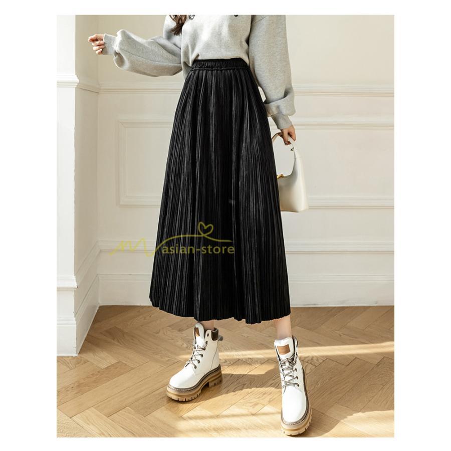 スカート | プリーツロングミモレ丈 ビロードAラインウエストゴム ハイウエスト 秋冬 無地 ゆったり 通学通勤 大人