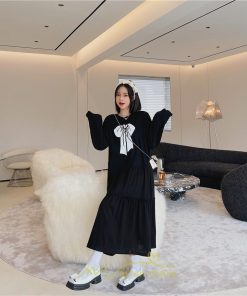 マキシ | 切り替えワンピース 長袖ワンピース 大きいサイズ ゆったり 体型カバー 黒ワンピース プリント ちょう 30代50代 かわいい 秋物 大人40代 レディース