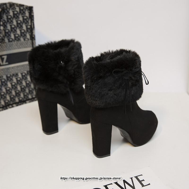ブーツ | ショートレディース 6cmヒール ファー サイドジッパー 太めヒール 冬 保温 防寒 大きいサイズ 痛くない 冬靴 あったか オシャレ 疲れない
