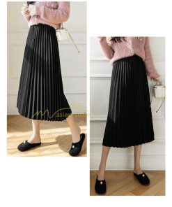 スカート | プリーツロングミモレ丈 Aラインウエストゴム ハイウエスト 秋冬 無地 ゆったり 大人 通学通勤 プリーツ エレガント