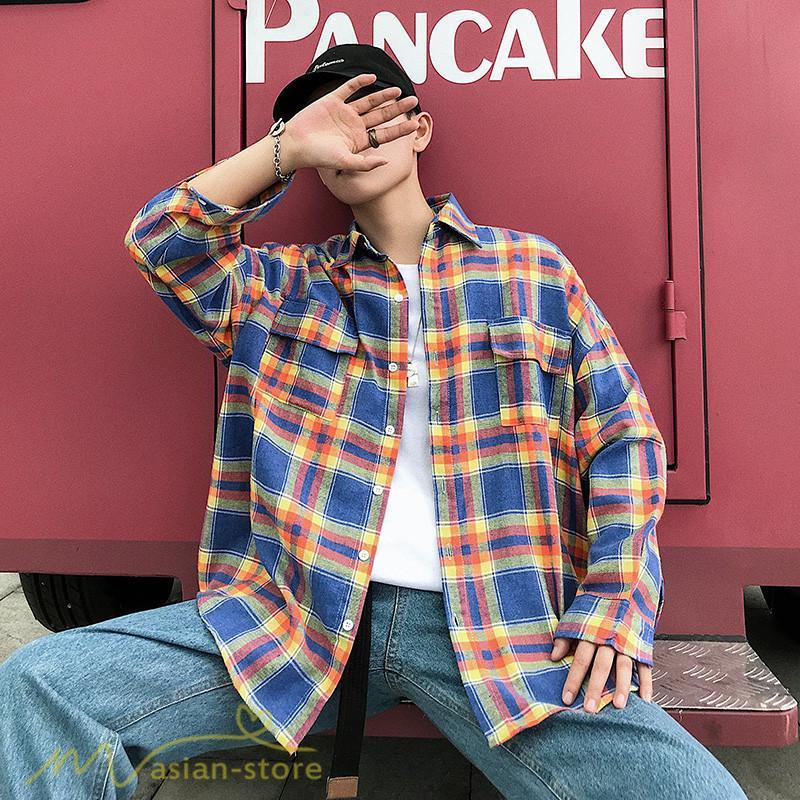 シャツ | ライトアウター 秋服 薄手 メンズ チェック柄 長袖 ポケット 韓国風 カッコウイイ 日常感 ワイドコットン 大きいサイズ トップス 大きいサイズ 男性着