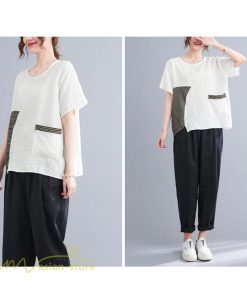 tシャツ・カットソー | tシャツ カットソー レディース 切り替え 女性着 シンプル カジュアル フリーサイズ ゆったり 夏新作 おしゃれ 半袖 チェック柄 黒 半袖tシャツ 丸首 白