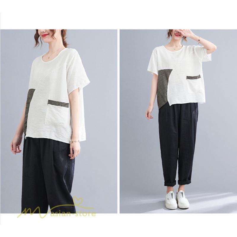 tシャツ・カットソー | tシャツ カットソー レディース 切り替え 女性着 シンプル カジュアル フリーサイズ ゆったり 夏新作 おしゃれ 半袖 チェック柄 黒 半袖tシャツ 丸首 白