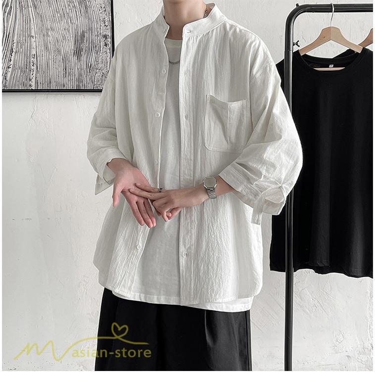 シャツ | メンズ 夏コーデ 2021新作 ライトアウター 5分袖 7分袖 スタンドカラー 麻綿 無地 カッコイイ お出かけ カジュアルトップス 薄手 夏着 アウトドア