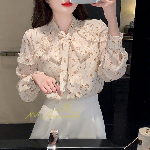 シャツ・ブラウス | ブラウス トップス シャツ レディース シフォン 無地 長袖シャツ ファッション カジュアル エレガント 細身 優雅 通勤 花柄 新作 リボン付き 上品 オシャレ OL