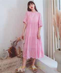 マキシ | ワンピース レース 丸首 刺繍 ロングワンピース レディース 夏秋 結婚式 きれいめ フォーマル 大人 上品 綿麻 白 黄色 コットン ピンク かわいい リネン