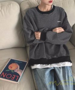 パーカー | フェイクレイヤード風トレーナー レディース ゆったりシルエット 切替 長袖 トップス フードなしボーダー ロングTシャツ サイドスリット入れ