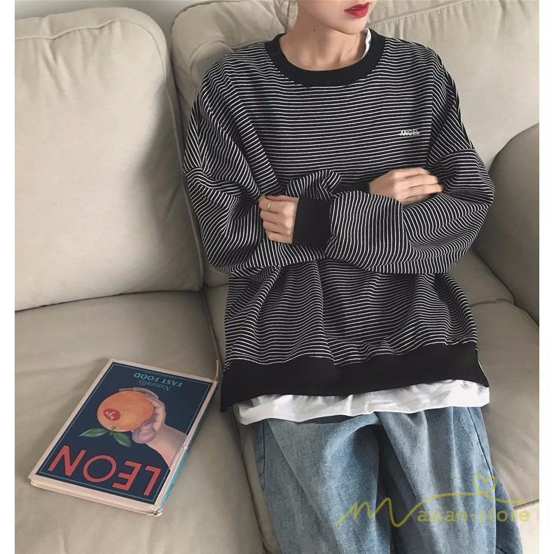 パーカー | フェイクレイヤード風トレーナー レディース ゆったりシルエット 切替 長袖 トップス フードなしボーダー ロングTシャツ サイドスリット入れ