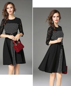 レースワンピース | 7分袖 ひざ丈ワンピ フレアワンピース レディース 大きいサイズ 膝丈ワンピース レース 二次会 通勤 水玉 切り替え パーティー