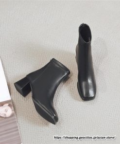 ショートブーツ | レディース 春秋ブーツ スクエアトゥ ブーツ チャンキーヒール 太ヒール 後ろファスナー 靴 通学通勤 シューズ 大人 黒ブーツ ミドルヒール