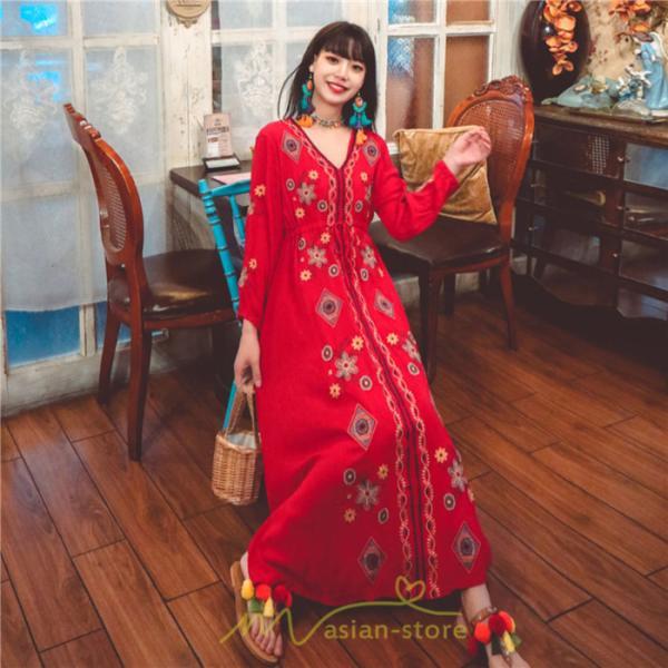 マキシ | ワンピース 長袖 レディース ロング丈 マキシ丈 綿麻 コットン リネン Aライン ゆったり 体型カバー 大人 可愛い 海外旅行 秋 夏 エスニック ナチュラル 春