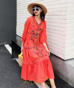 マキシ | ワンピ ワンピース ロング丈 七分袖 レディース 大人 おしゃれ きれいめ お出かけ 大人可愛い 白 青 赤 春夏秋 旅行 20代30代40代 民族風 オレンジ 海