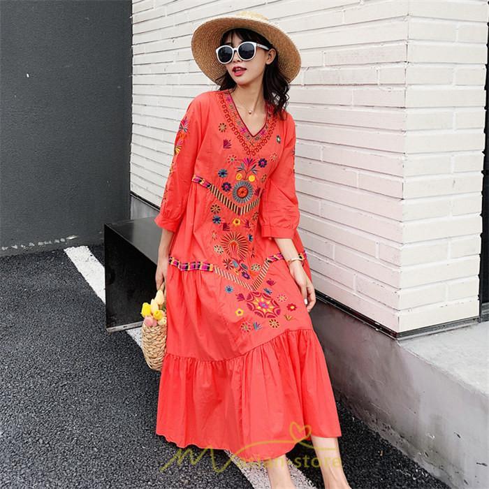 マキシ | ワンピ ワンピース ロング丈 七分袖 レディース 大人 おしゃれ きれいめ お出かけ 大人可愛い 白 青 赤 春夏秋 旅行 20代30代40代 民族風 オレンジ 海
