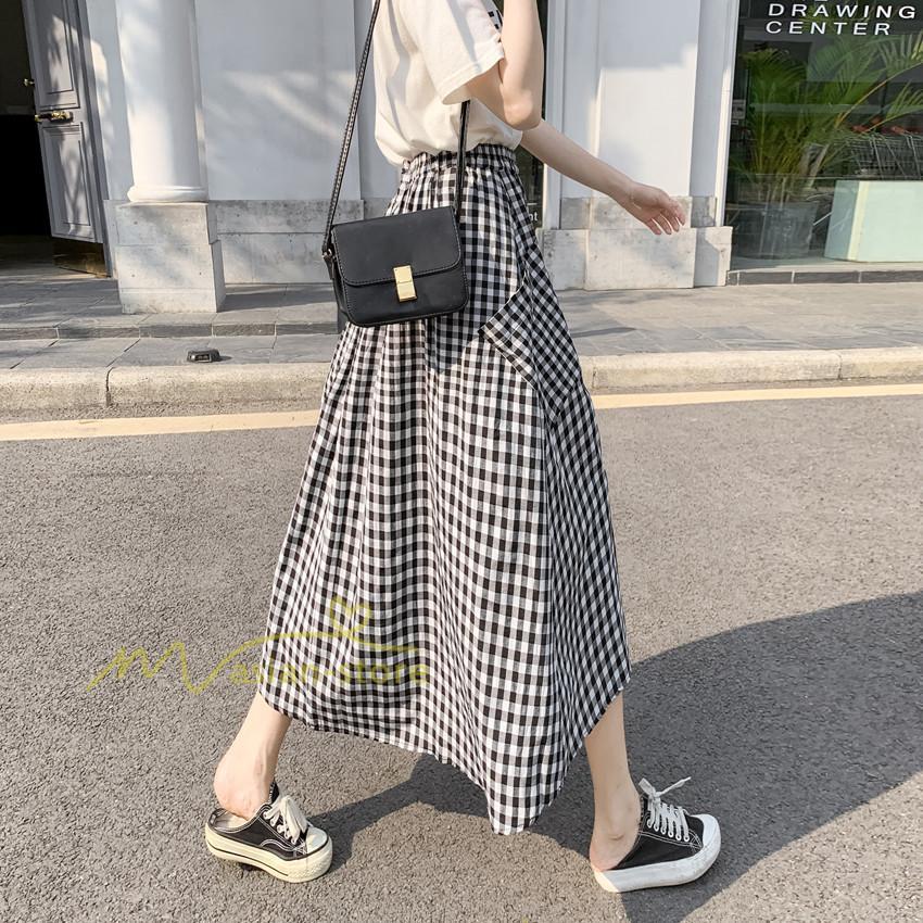スカート | チェック柄 ロング丈 フレア ボトムス レディース 春 夏 秋 冬 体系カバー Aライン ウエストゴム おしゃれ 通勤 OL カジュアルブ無地 韓国風