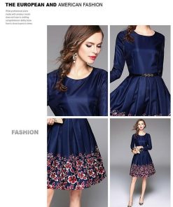 フレア | フレアワンピース レディース 大きいサイズ 膝丈ワンピース 長袖ワンピ 花柄 丸ネック 大人 二次会 パーティー フェミニン