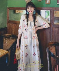 マキシ | ロング丈ワンピース レディース 花柄 Aライン 七分袖 ロング丈 ゆるシンプル きれいめ Vネック カジュアル 細見え 白 リゾート 黄色 上品 華やか 旅行