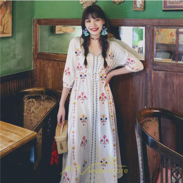 マキシ | ロング丈ワンピース レディース 花柄 Aライン 七分袖 ロング丈 ゆるシンプル きれいめ Vネック カジュアル 細見え 白 リゾート 黄色 上品 華やか 旅行