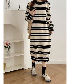ニットワンピース | ワンピース 秋冬 ロングワンピース ミモレ丈 ボーダー ゆったり 体型カバー 柔らか 大人 長袖 ニット 50代 20代30代 アウター セーター