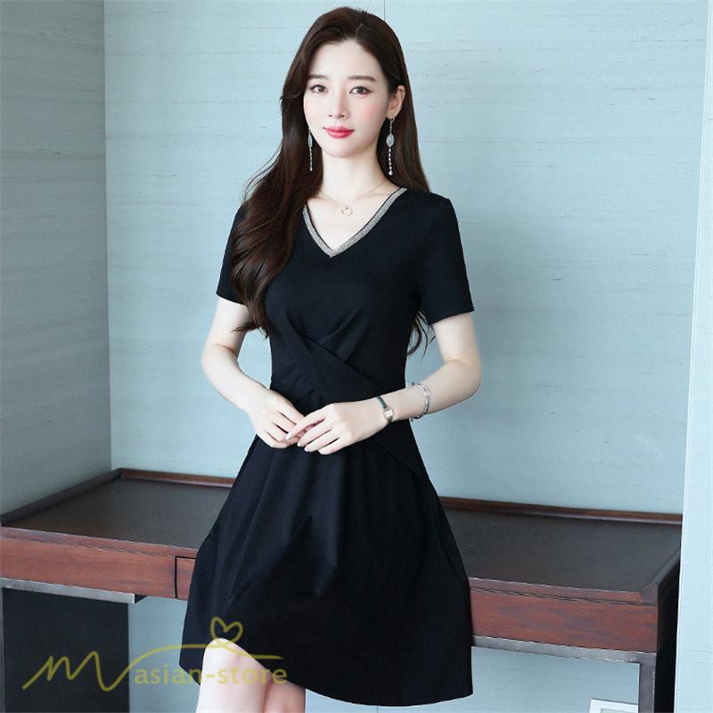 ミディアム | ワンピース Aライン レディース 着痩せ Vネック ひざ上丈 カジュアル 大きいサイズ 無地 きれいめ おしゃれ 春 夏 30代 新作 上品 サマーワンピース 40代 20代