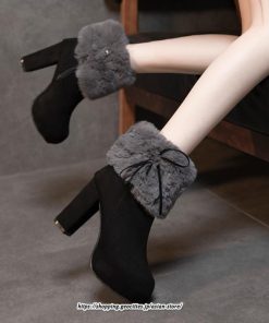 ブーツ | ショートレディース 10cmハイヒール ファー 冬用 保温防寒 太めヒール サイドジッパー スエード調 痛くない 冬靴 オシャレ 歩きやすい 痛くない