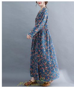 マキシ | ワンピース レディース 大きいサイズ 長袖 ロング丈 マキシ丈 丸首 コットン 花柄 青 夏 秋 体型カバー 着痩せ ゆったり ポケット 美シルエット 広がる裾 通勤