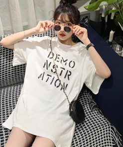 Tシャツ・カットソー | ラウンドネック カットソー 半袖 ロゴｔシャツ ロング トップス 体型カバー レディース 英字プリントtシャツワンピース ゆったり