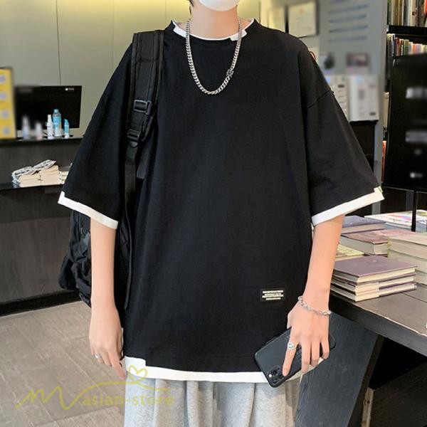 Tシャツ | メンズ 夏物 半袖 五分袖 フェイク レイヤード 重ね着風 無地 おしゃれ プルオーバー オーバーサイズ カジュアル 30代 20代 40代 ゆったり 男性着