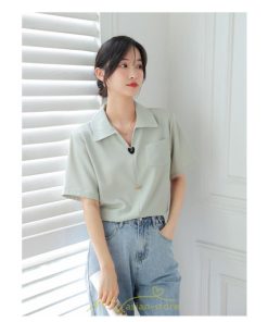 シャツ・ブラウス | ブラウス シャツ 夏 半袖 レディース 白 緑 無地 Vネック 開襟 胸ポケット 通気性 シンプル フランス風 女性 オフィス エレガント 上品 着痩せ 通勤 華奢見え OL