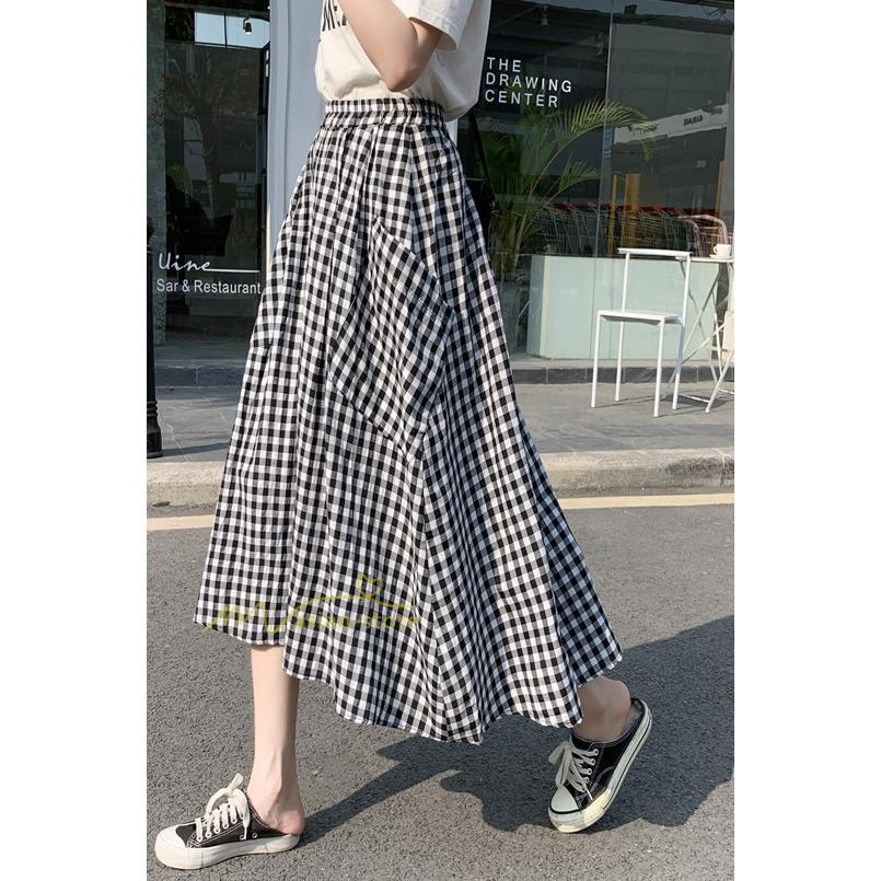 スカート | チェック柄 ロング丈 フレア ボトムス レディース 春 夏 秋 冬 体系カバー Aライン ウエストゴム おしゃれ 通勤 OL カジュアルブ無地 韓国風