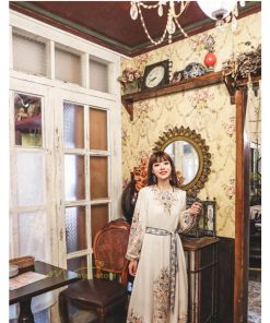 マキシ | ロングワンピース 長袖 レディース プリント Aラインワンピース 30代40代 ゆったり ワンピ 広い裾 ベルト付き ダンス プリンセス 舞台 落ち感 コスプレ